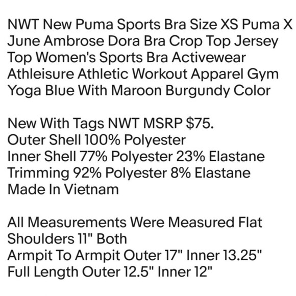 NWT New Puma Sports Bra Size XS Puma X June Ambrose Dora Bra Crop Top Jersey Top - Picture 2 of 6